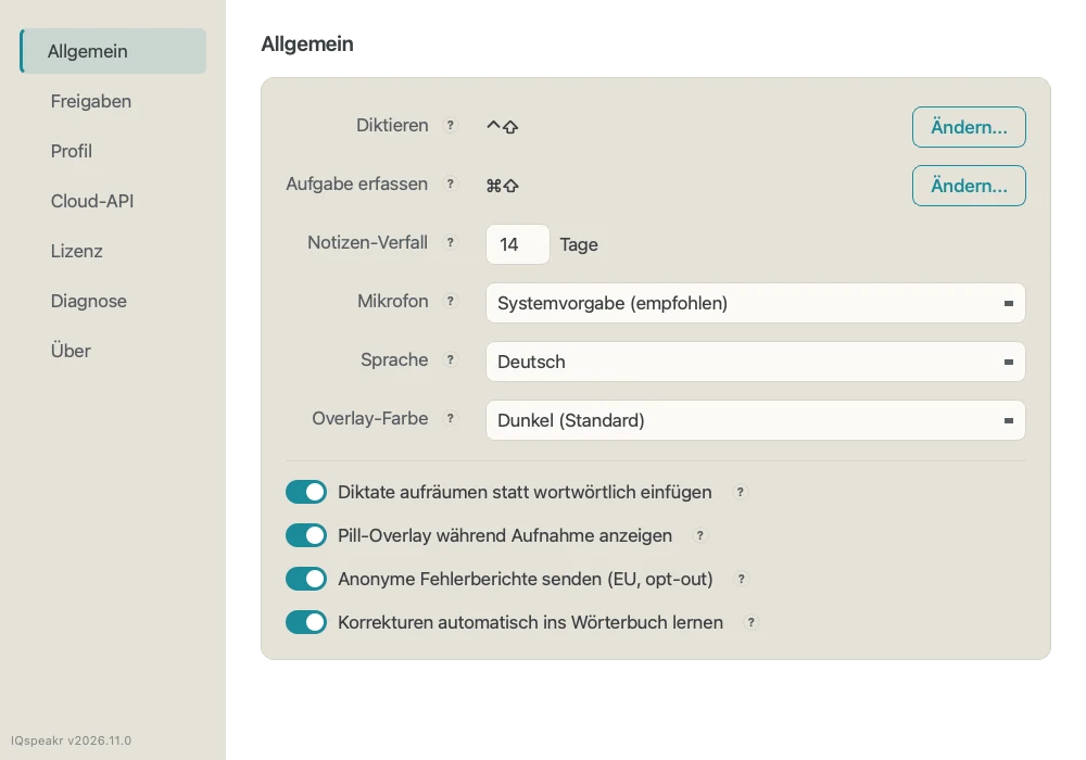 Einstellungen, Seite Allgemein: Tastenkombinationen, Mikrofon, Sprache Deutsch und vier Schalter
