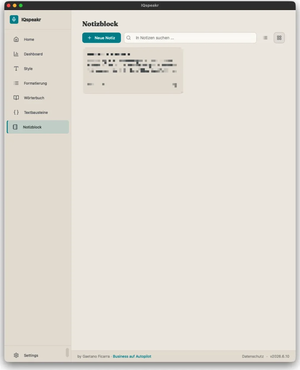 Notizblock-Ansicht mit Suchfeld und einer Notizkarte