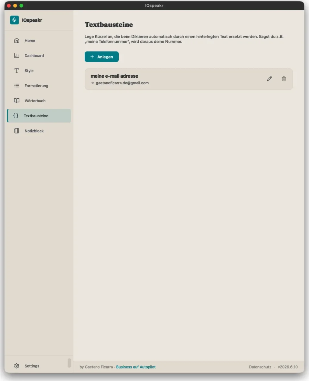 Textbausteine-Seite mit einem Kürzel für die eigene E-Mail-Adresse