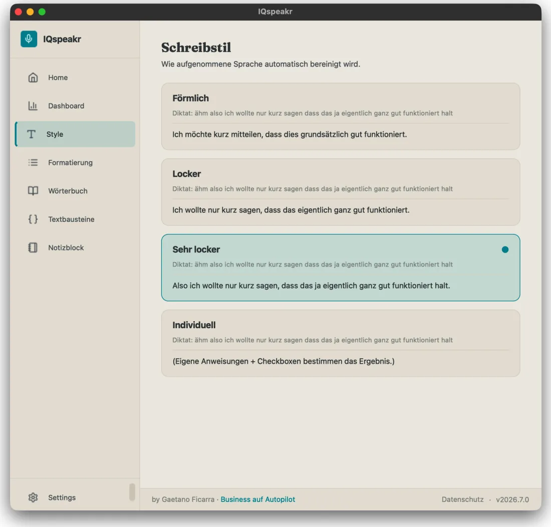 IQspeakr Schreibstil-Auswahl von förmlich bis sehr locker