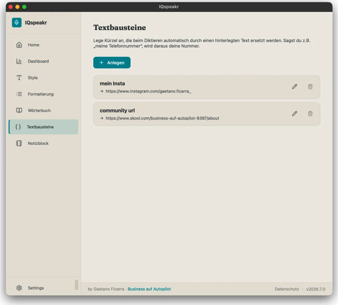 IQspeakr Textbausteine, Kürzel die beim Diktieren durch hinterlegten Text ersetzt werden