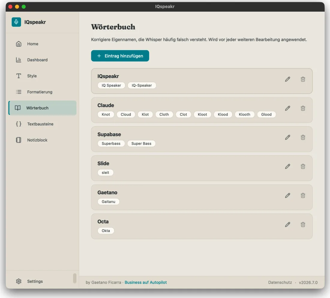 IQspeakr Wörterbuch mit Korrekturen für Eigennamen